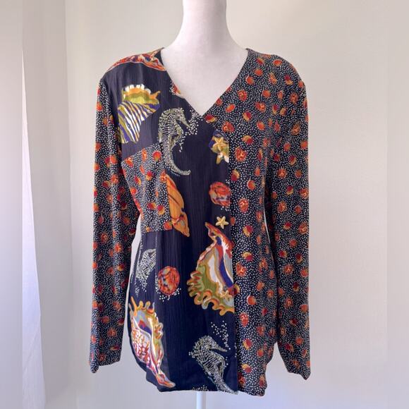Vintage Y2K A.K.F. New York Ocean Print V-Neck Long Sleeve Button Down Blouse - Picture 3 of 8